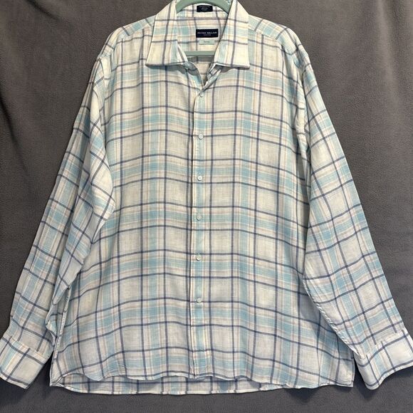 Peter Millar Collection 100% Linen Flex Finish Shirt Button Down Mens XXL Plaid - Picture 1 of 8